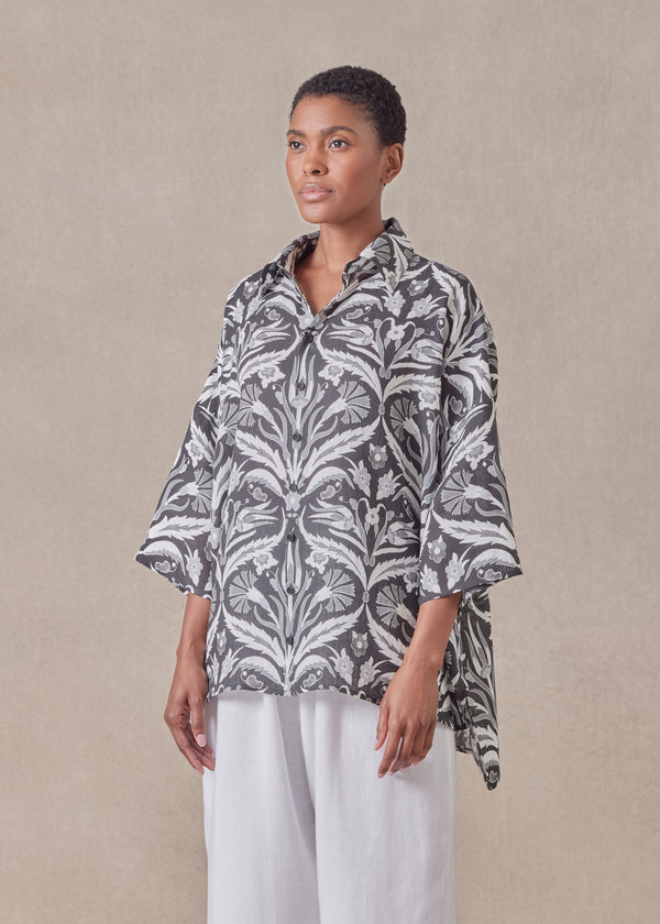 Eskandar Linen Sloped Shoulder Wide A-line Short Sleeve Shirt With Collar - Mid Plus