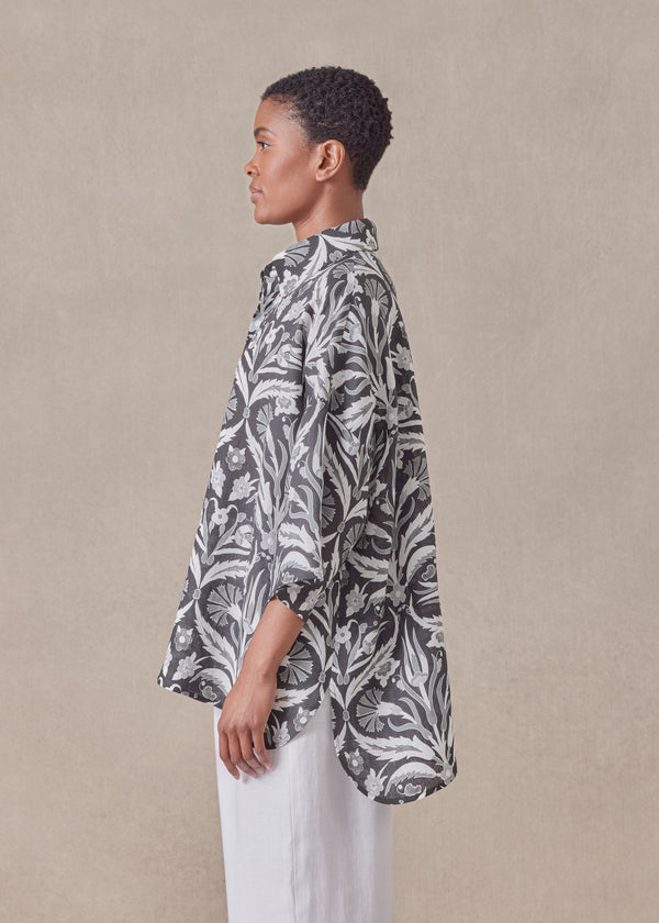 Eskandar Linen Sloped Shoulder Wide A-line Short Sleeve Shirt With Collar - Mid Plus