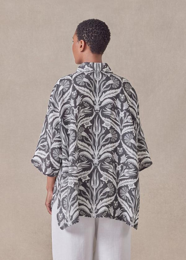 Eskandar Linen Sloped Shoulder Wide A-line Short Sleeve Shirt With Collar - Mid Plus