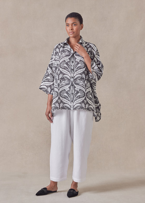 eskandar linen sloped shoulder wide a-line short sleeve shirt with collar - mid plus