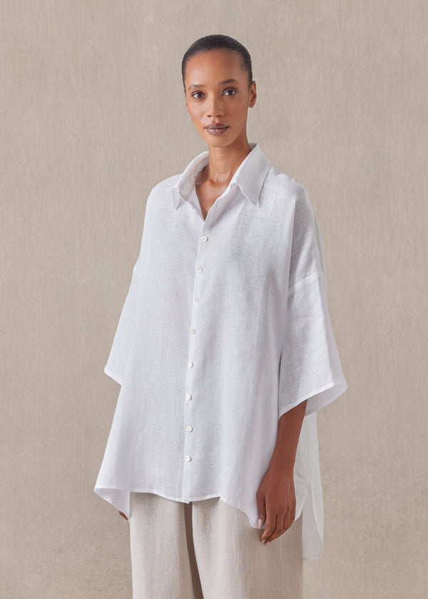 Eskandar Linen Sloped Shoulder Wide A-line Short Sleeve Shirt With Collar - Long