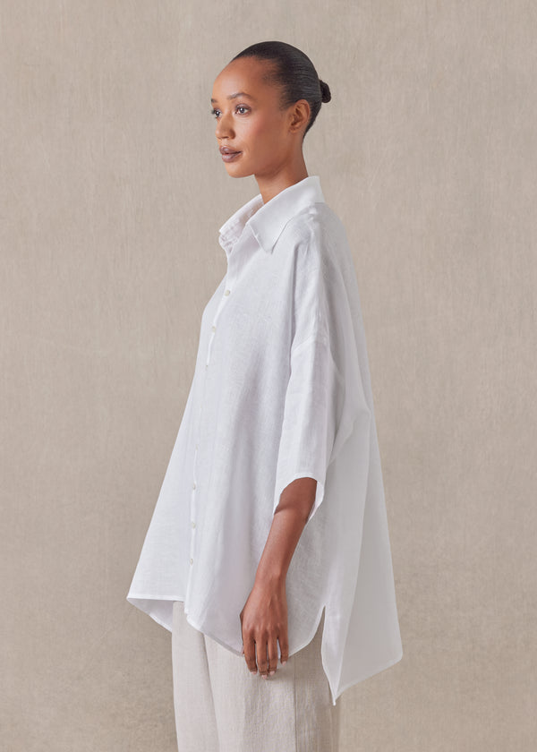 Eskandar Linen Sloped Shoulder Wide A-line Short Sleeve Shirt With Collar - Long