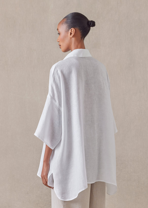 Eskandar Linen Sloped Shoulder Wide A-line Short Sleeve Shirt With Collar - Long