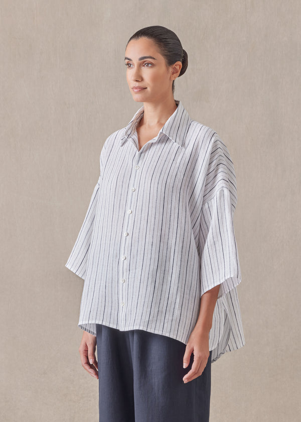 Eskandar Linen Sloped Shoulder Wide A-line Short Sleeve Shirt With Collar - Mid