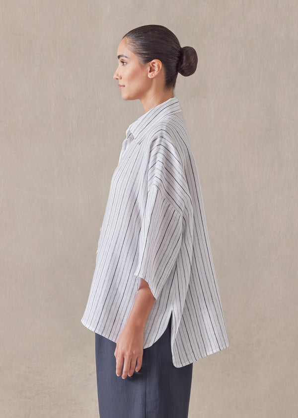 Eskandar Linen Sloped Shoulder Wide A-line Short Sleeve Shirt With Collar - Mid