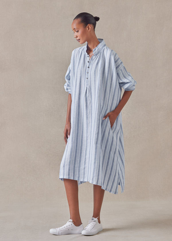 eskandar linen wide a-line artists smock dress with collar