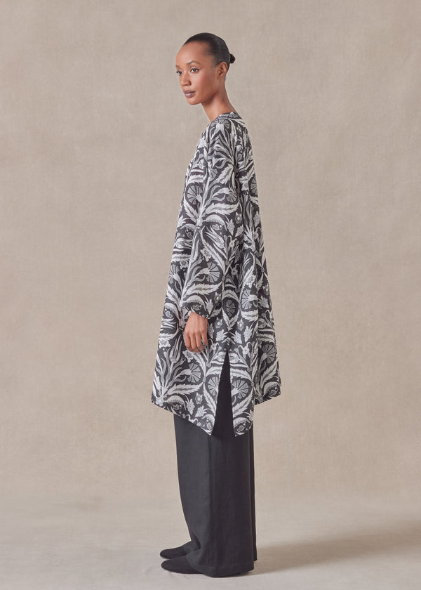 Eskandar Linen Wide A-line Bound Neck Shirt - Very Long With Slits