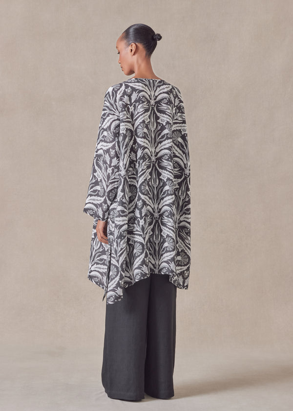 Eskandar Linen Wide A-line Bound Neck Shirt - Very Long With Slits