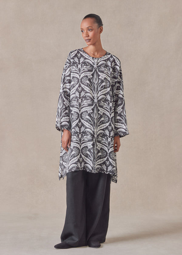 eskandar linen wide a-line bound neck shirt - very long with slits