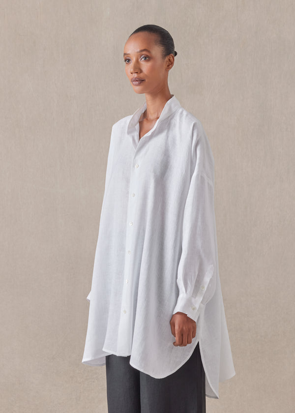 Eskandar Linen Wide A-line Collarless Classic Shirt - Long Plus