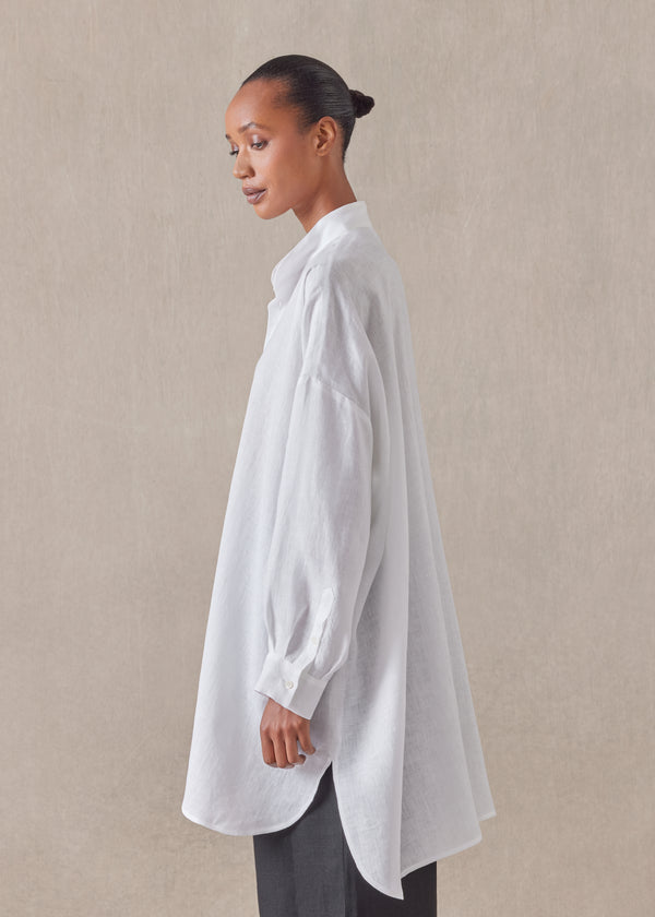 Eskandar Linen Wide A-line Collarless Classic Shirt - Long Plus