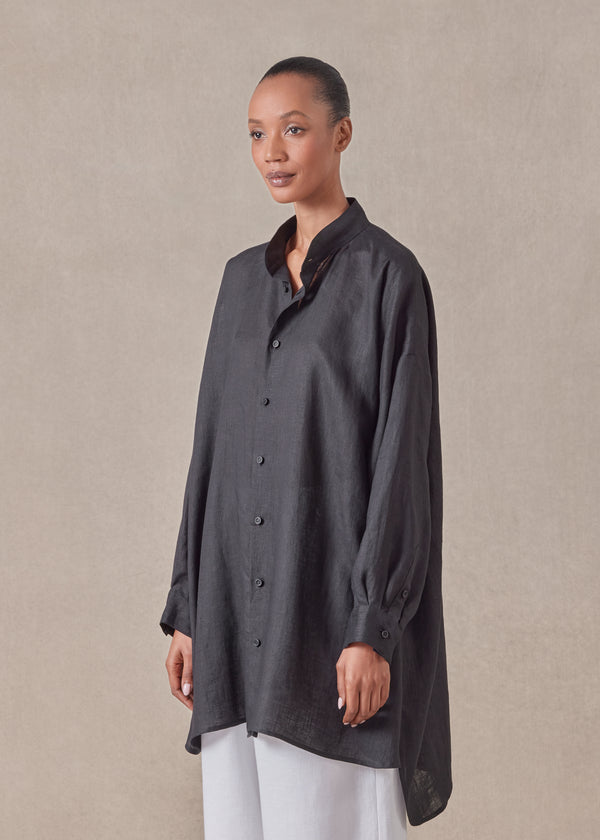 Eskandar Linen Wide A-line Collarless Classic Shirt - Long Plus