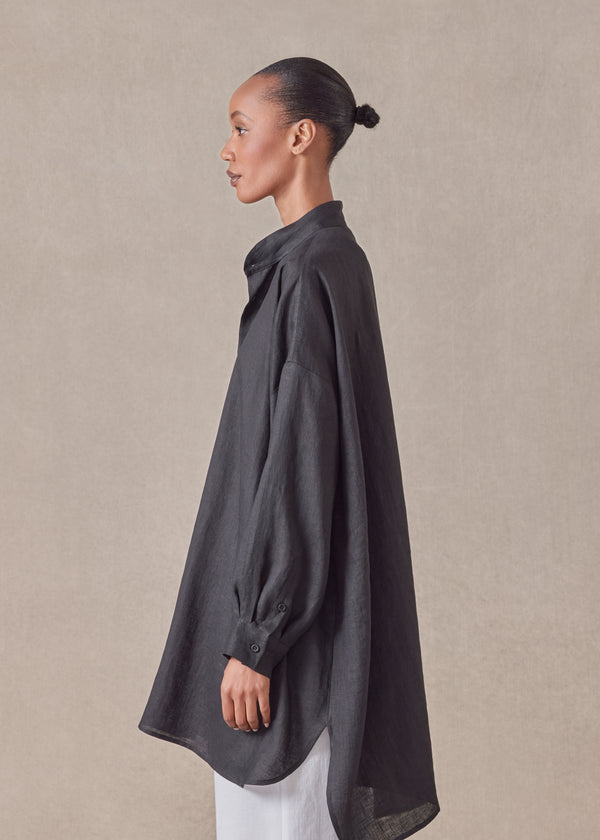 Eskandar Linen Wide A-line Collarless Classic Shirt - Long Plus