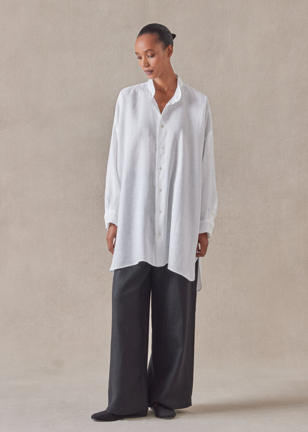 eskandar linen wide a-line collarless classic shirt - long plus