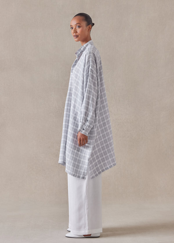 Eskandar Linen Wide A-line Collarless Shirt - Very Long With Slits