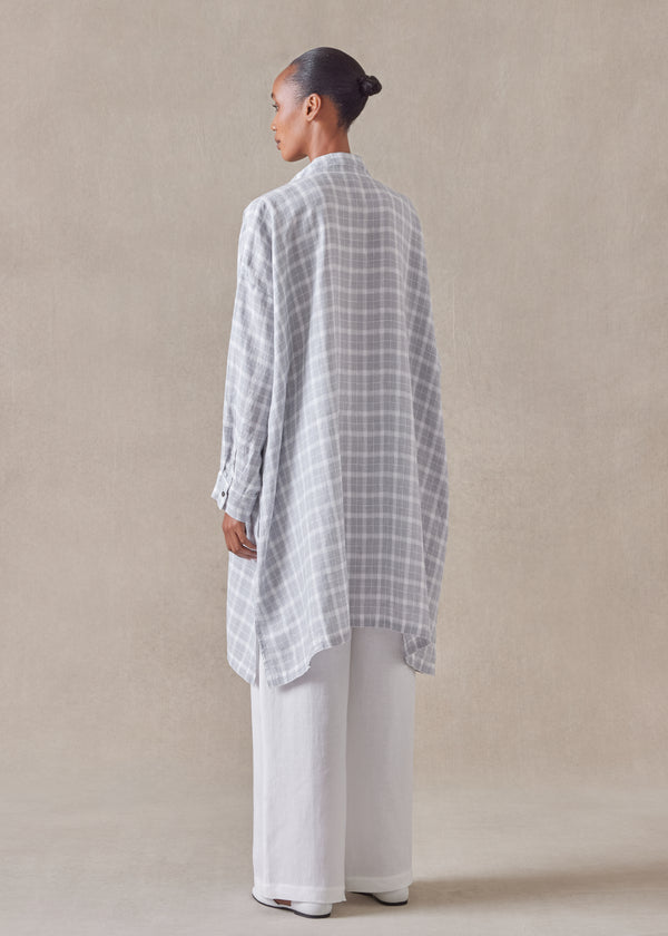 Eskandar Linen Wide A-line Collarless Shirt - Very Long With Slits