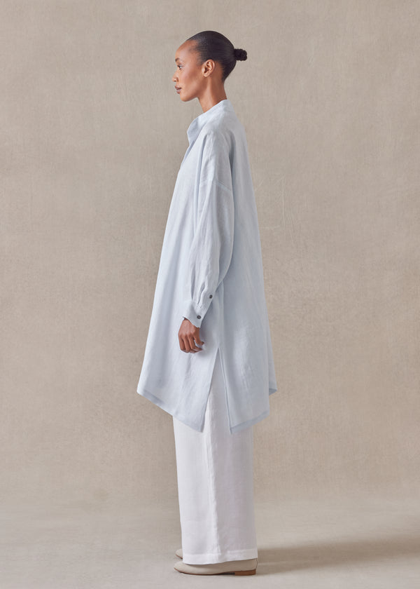 Eskandar Linen Wide A-line Collarless Shirt - Very Long With Slits