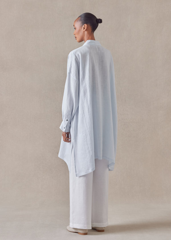 Eskandar Linen Wide A-line Collarless Shirt - Very Long With Slits