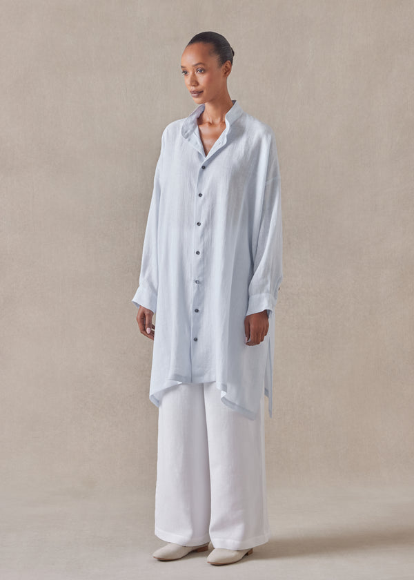 eskandar linen wide a-line collarless shirt - very long with slits