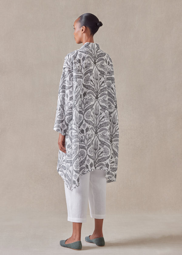 Eskandar Linen Wide A-line Collarless Shirt - Very Long With Slits