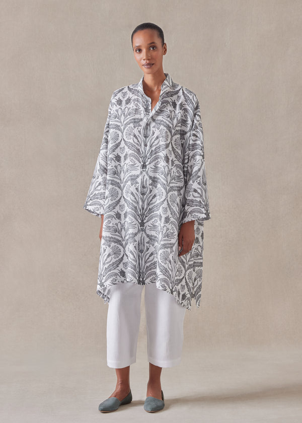 eskandar linen wide a-line collarless shirt - very long with slits