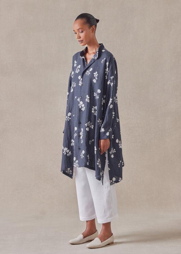 Eskandar Linen Wide A-line Collarless Shirt - Very Long With Slits