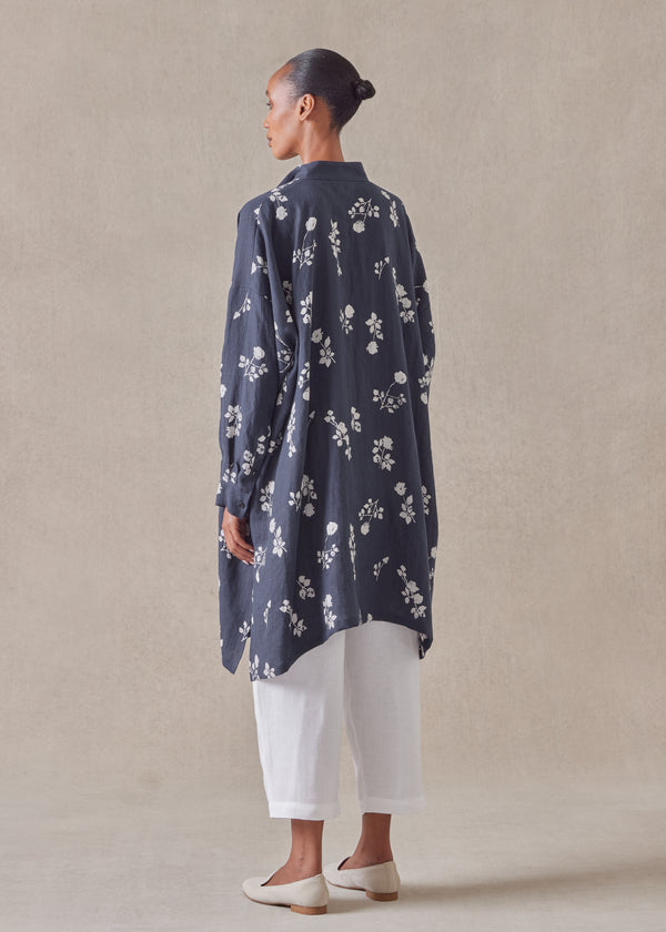 Eskandar Linen Wide A-line Collarless Shirt - Very Long With Slits