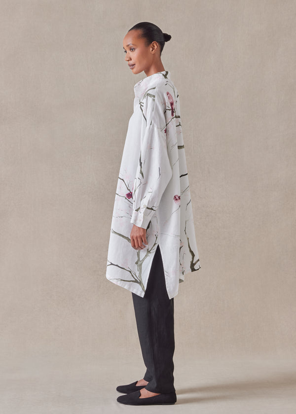 Eskandar Linen Wide A-line Collarless Shirt - Very Long With Slits