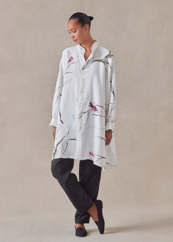 eskandar linen wide a-line collarless shirt - very long with slits