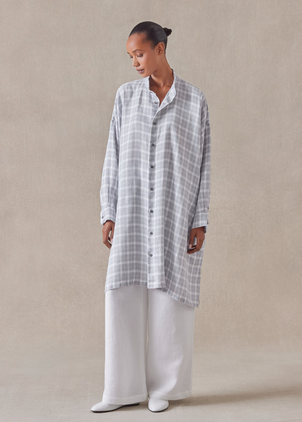 eskandar linen wide a-line collarless shirt - very long with slits