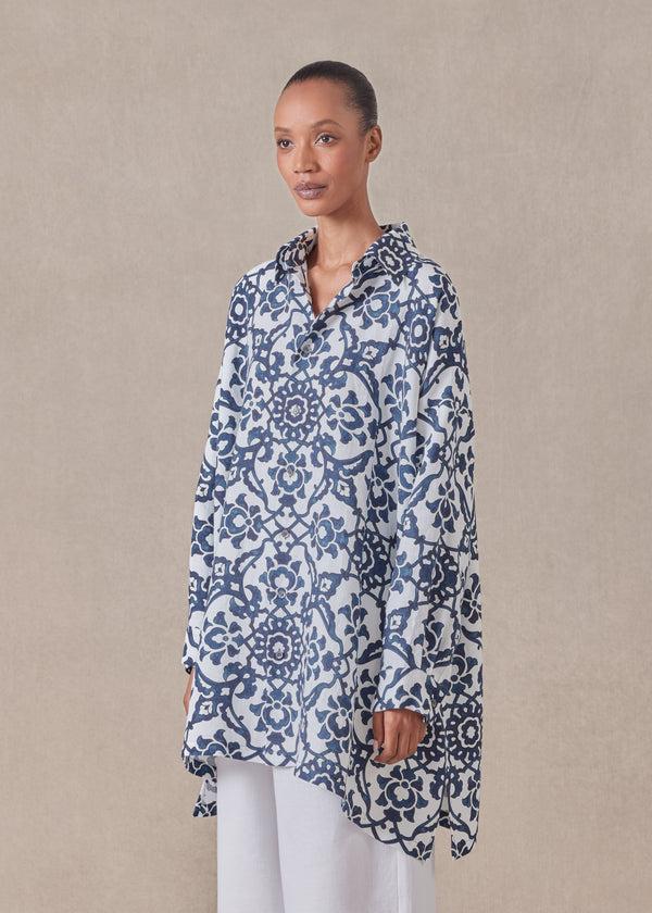 Eskandar Linen Wide A-line Shirt With Collar - Long Plus