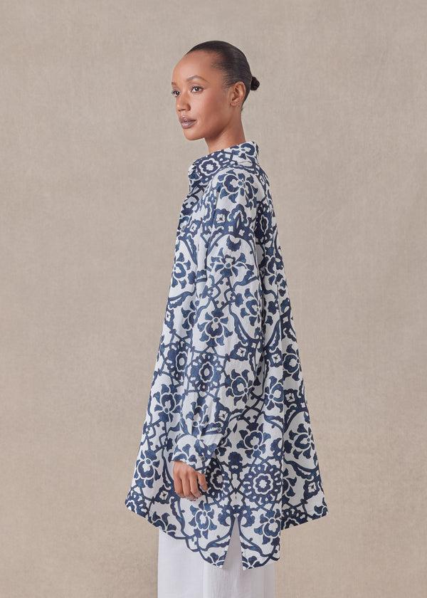 Eskandar Linen Wide A-line Shirt With Collar - Long Plus