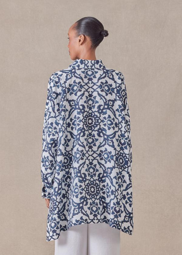 Eskandar Linen Wide A-line Shirt With Collar - Long Plus