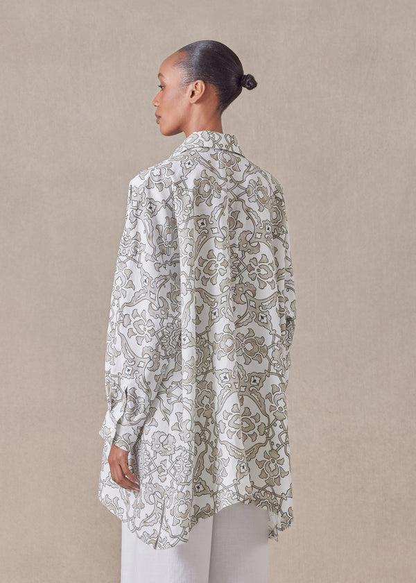 Eskandar Linen Wide A-line Shirt With Collar - Long Plus