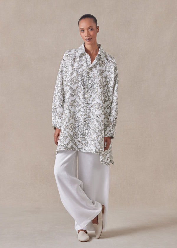 eskandar linen wide a-line shirt with collar - long plus