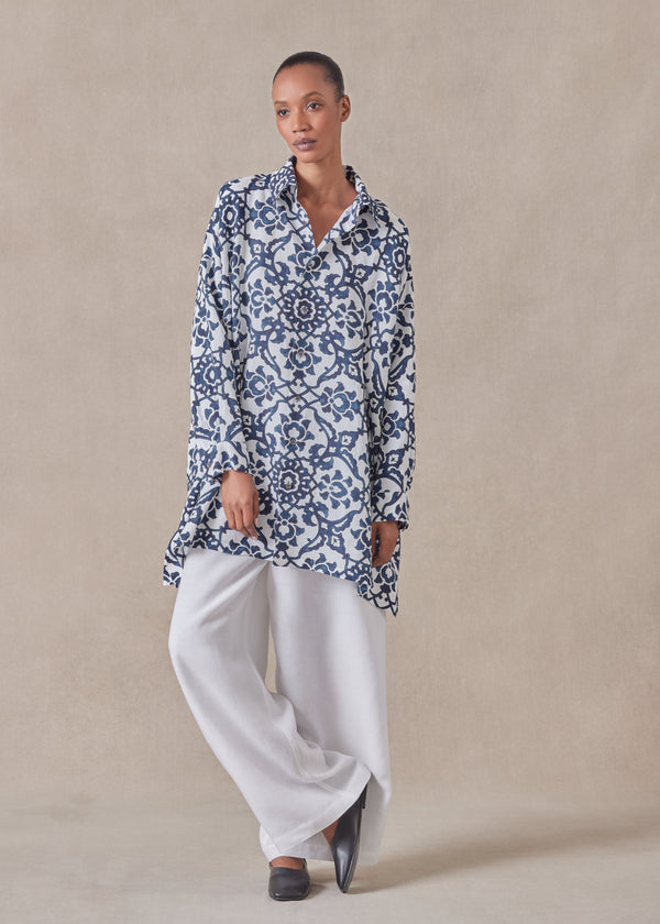 eskandar linen wide a-line shirt with collar - long plus