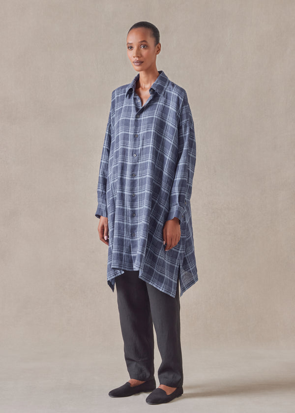 Eskandar Linen Wide A-line Shirt With Collar - Very Long With Slits