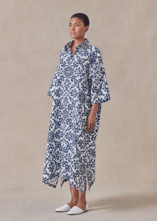 Eskandar Linen Wide A-line Short Sleeve Shirt Dress With Collar