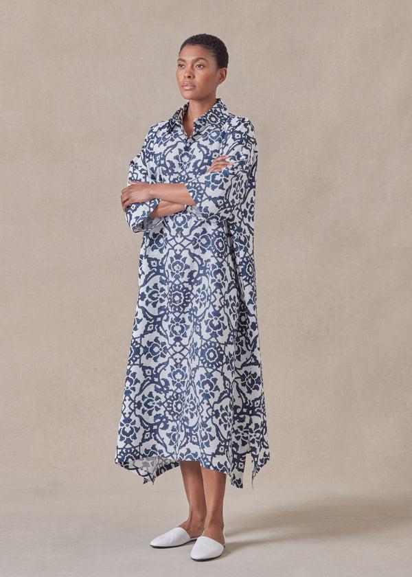 eskandar linen wide a-line short sleeve shirt dress with collar