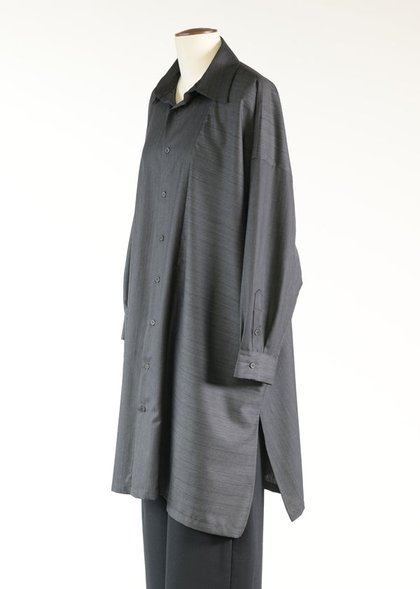 Eskandar Linen Wide A-long Shirt Withcollarlar - Very Long With Slits (pannelled)