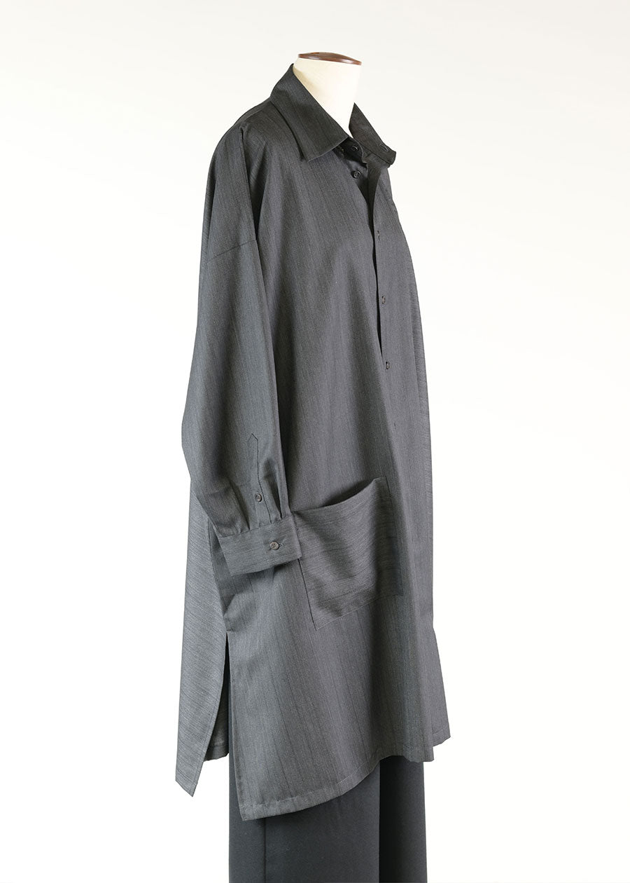 Eskandar Linen Wide A-long Shirt Withcollarlar - Very Long With Slits (pannelled)