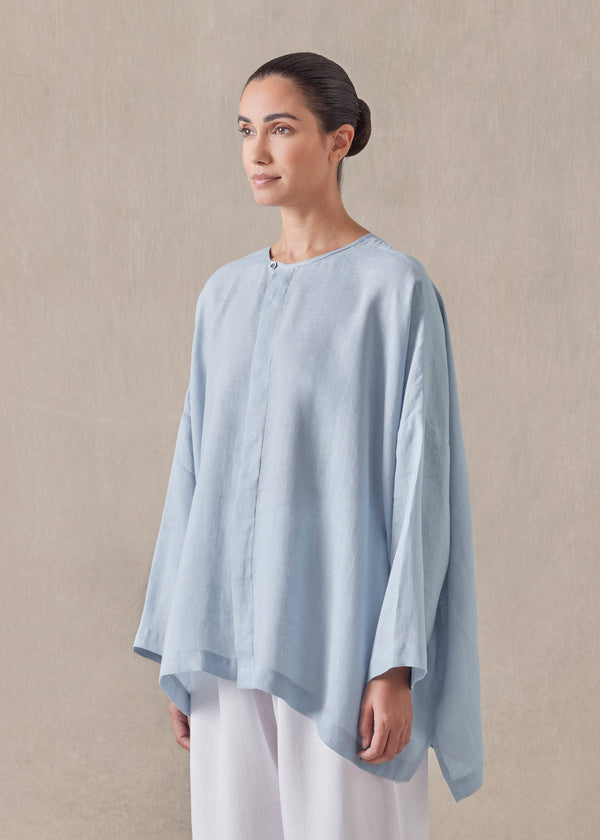Eskandar Linen Wide Longer Back Bound Neck Shirt - Mid Plus