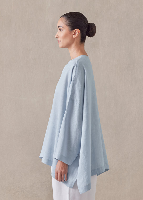 Eskandar Linen Wide Longer Back Bound Neck Shirt - Mid Plus