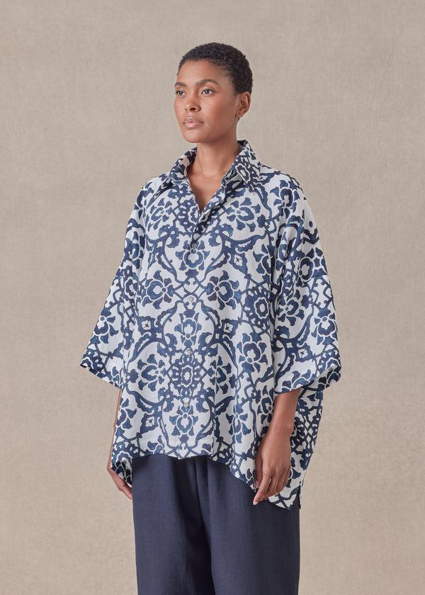 Eskandar Linen Wide Short Sleeve Shirt With Collar - Mid Plus