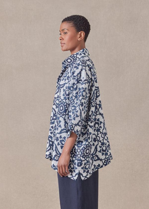 Eskandar Linen Wide Short Sleeve Shirt With Collar - Mid Plus