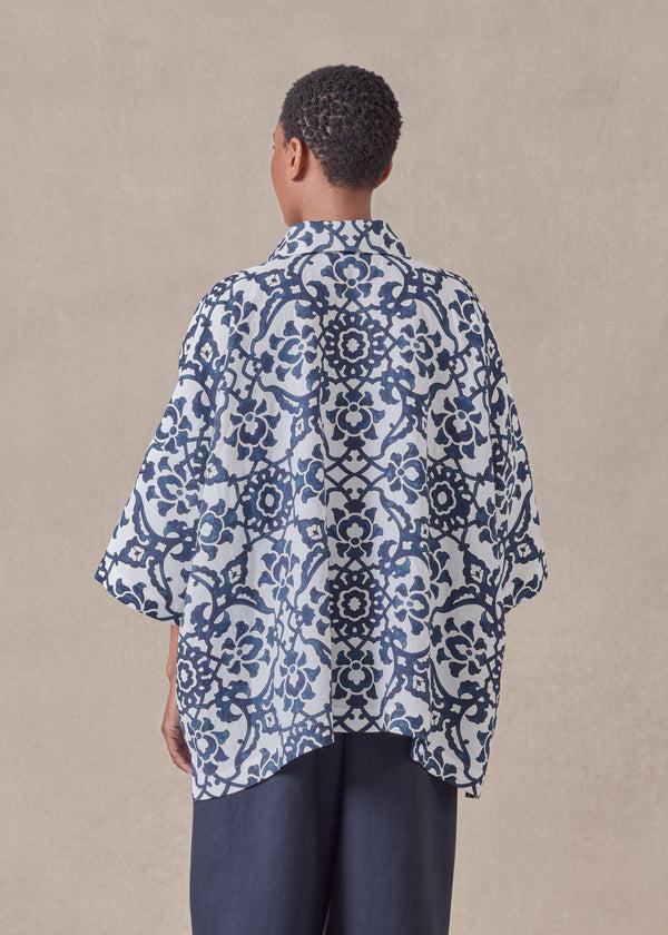 Eskandar Linen Wide Short Sleeve Shirt With Collar - Mid Plus