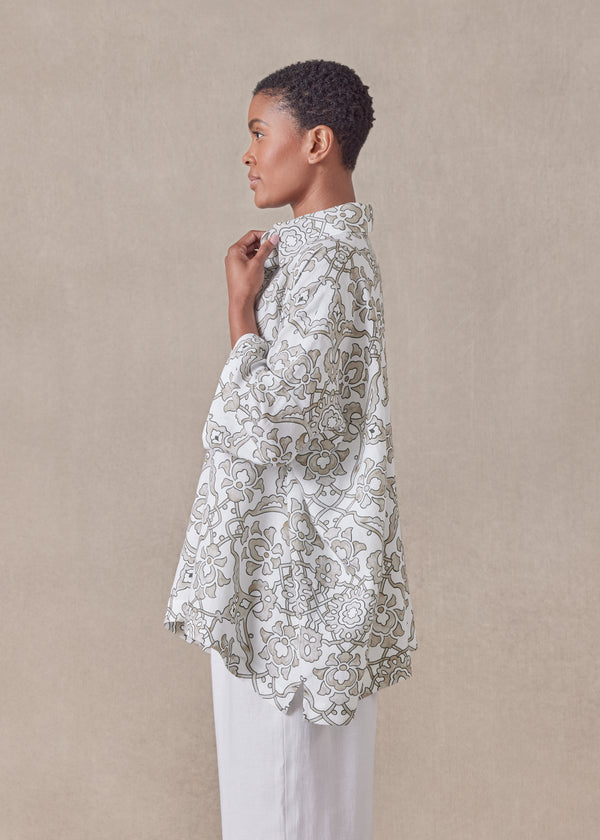 Eskandar Linen Wide Short Sleeve Shirt With Collar - Mid Plus