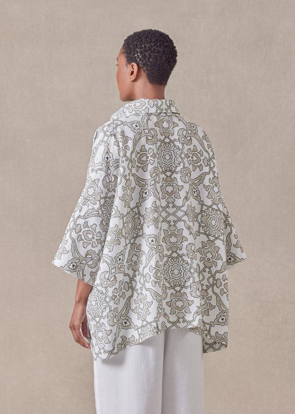 Eskandar Linen Wide Short Sleeve Shirt With Collar - Mid Plus