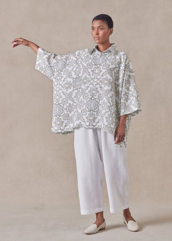 Eskandar Linen Wide Short Sleeve Shirt With Collar - Mid Plus