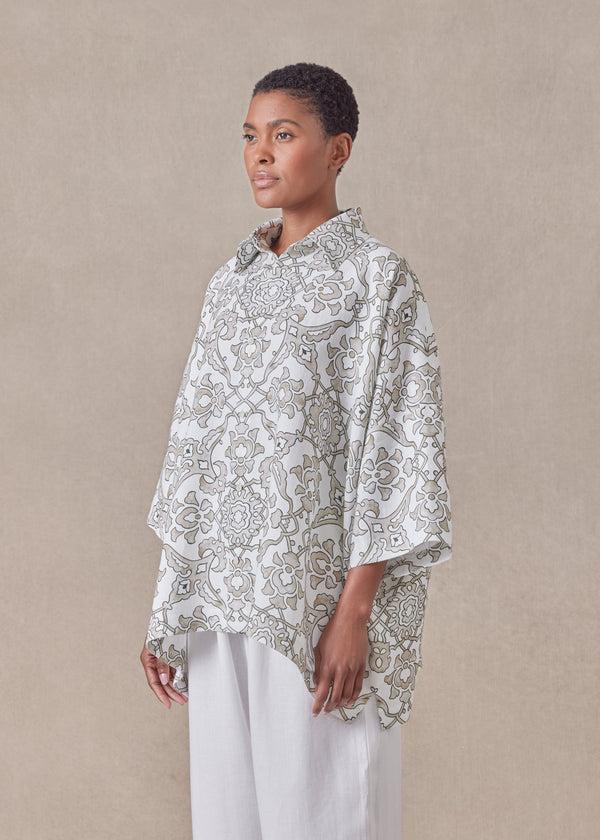 eskandar linen wide short sleeve shirt with collar - mid plus